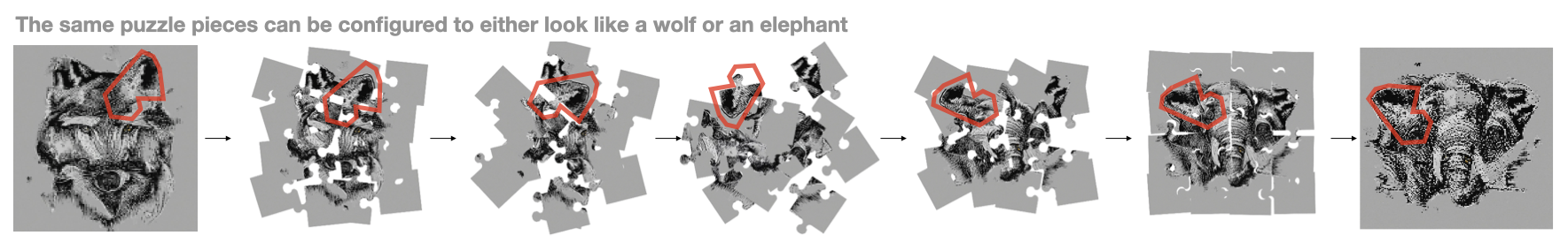 Puzzle-piece visual anagram where the same local pieces can form a wolf or an elephant.